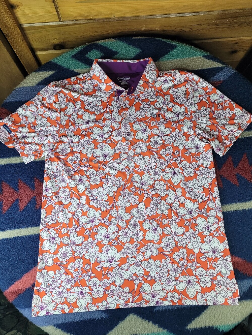 Good Good Fighting For Par Golf Polo Shirt Mens Medium Floral Orange Polyester